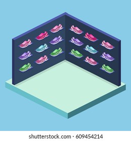 Isometric Flat 3D Isolated Concept Flat Illustration Sports Shoes Shop.