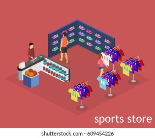 Isometric flat 3D isolated concept vector interior goods for the sports shop.