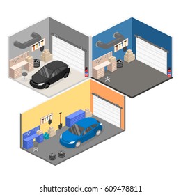 Isometric flat 3D isolated concept cutaway interior working place with tools in garage.