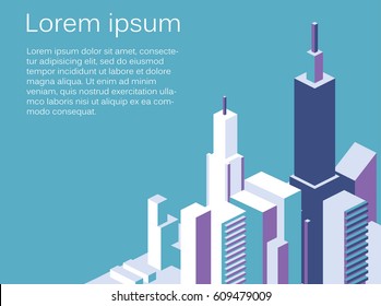 Isometric flat 3D isolated concept vector city three-dimensional summer town quarter. Skyscrapers, apartment, office, houses and streets