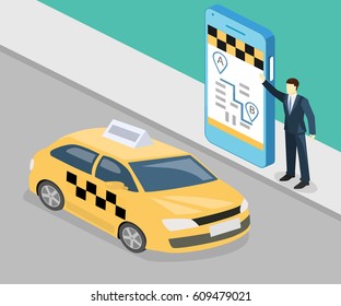 Isometric flat 3D isolated concept vector taxi transport, service. A person calls a taxi through a mobile application.