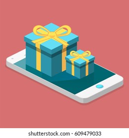 Isometric flat 3D isolated concept vector online order conceptual composition with c gift box on top of phone touch screen