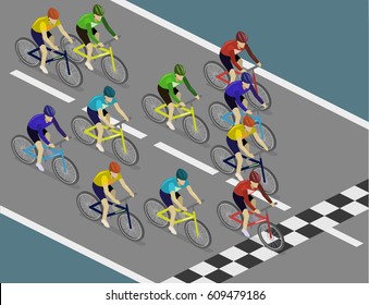 Isometric flat 3D isolated concept vector the group of cyclists man in road bicycle racing.