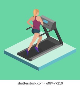Isometric flat 3D isolated concept girl is running on the treadmill