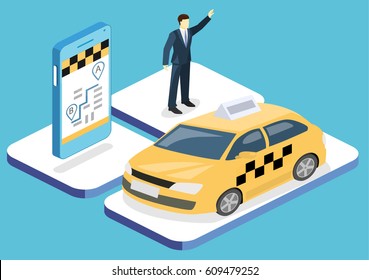 Isometric flat 3D isolated concept vector taxi transport, service. A person calls a taxi through a mobile application.