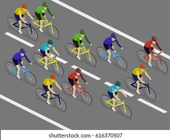 Isometric Flat 3D Isolated Concept Vector The Group Of Cyclists Man In Road Bicycle Racing.