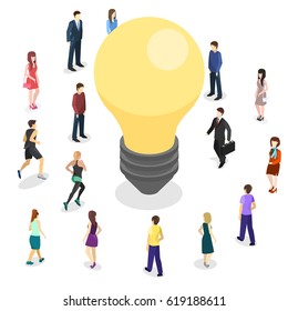 Isometric flat 3D isolated concept vector business idea concept. People Innovation. creative process. Big idea brainstorming