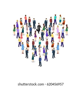 Isometric flat 3D isolated concept vector a large crowd of people standing in the shape of a heart