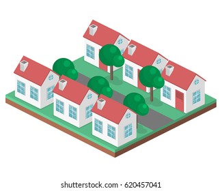 Isometric flat 3D isolated concept vector cityscape. District with small single-storey houses