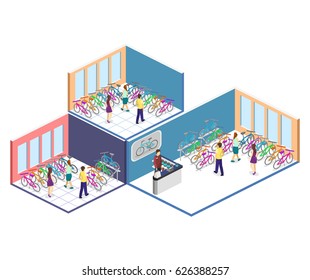 Isometric flat 3D isolated concept vector cutaway interior of bicycle shop. People choose a bike