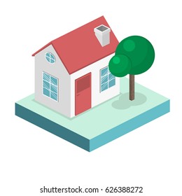 Isometric flat 3D isolated concept vector cityscape. District with small single-storey houses
