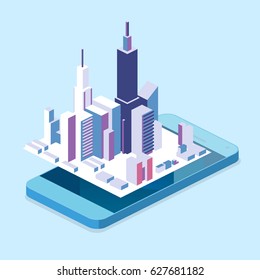 Isometric flat 3D isolated concept vector cutaway mobile navigation maps info graphic with marker. City on the mobile phone screen