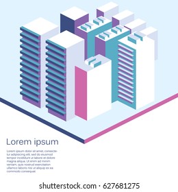 Isometric flat 3D isolated concept vector city three-dimensional summer town quarter. Skyscrapers, apartment, office, houses and streets