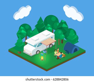 Isometric flat 3D isolated concept vector landscape for camping.