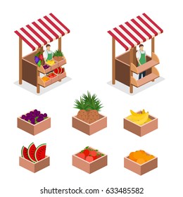 Isometric flat 3D isolated concept vector fruit stand. Produce shop keeper. Fruit and vegetables retail business owner working in his own store.