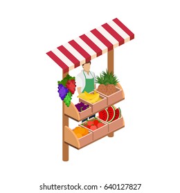 Isometric flat 3D isolated concept vector fruit stand. Produce shop keeper. Fruit and vegetables retail business owner working in his own store.