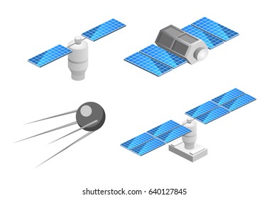 Isometric flat 3D isolated concept space GPS satellite. Wireless satellite technology. World global net.