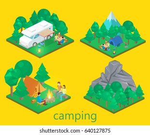 Isometric flat 3D isolated concept vector landscape for camping.