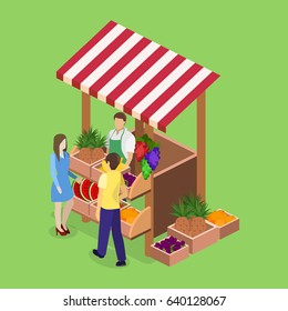 Isometric flat 3D isolated concept vector fruit stand. Produce shop keeper. Fruit and vegetables retail business owner working in his own store.