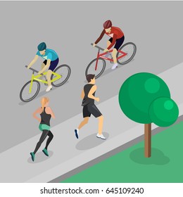 Isometric Flat 3D Isolated Concept Vector Park Girl And Guy Are Jogging, Cyclist Rides Along The Road