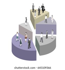 Isometric flat 3D isolated concept vector Business People Group Stand On Pie Diagram Success Teamwork