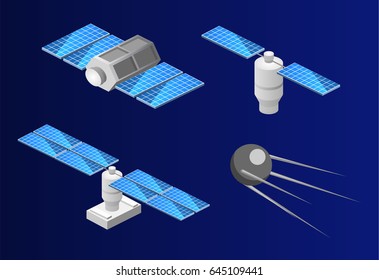 Isometric flat 3D isolated concept space GPS satellite. Wireless satellite technology. World global net.