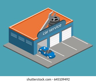 Isometric flat 3D isolated concept vector Car service building or car repair
