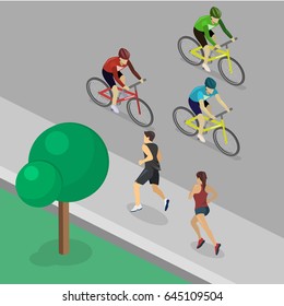 Isometric Flat 3D Isolated Concept Vector Park Girl And Guy Are Jogging, Cyclist Rides Along The Road