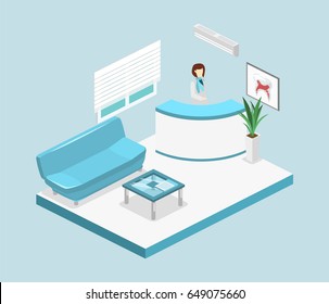 Isometric flat 3D isolated concept vector cutaway interior of a Dentistry waiting room. Dental Clinic