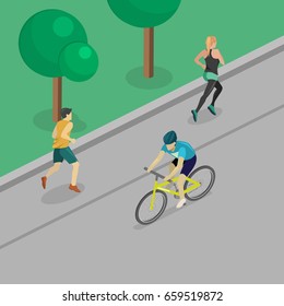 Isometric Flat 3D Isolated Concept Vector Park Girl And Guy Are Jogging, Cyclist Rides Along The Road