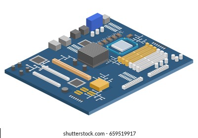 Isometric flat 3D isolated concept vector Computer chip technology processor circuit and computer motherboard information system