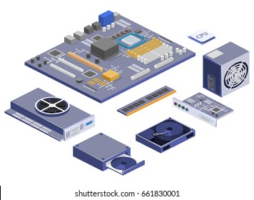 Isometric Flat 3D Isolated Concept Vector White Computer Computer Parts