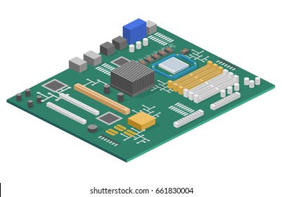 Isometric flat 3D isolated concept vector Computer chip technology processor circuit and computer motherboard information system