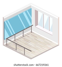 Isometric flat 3D isolated concept vector cutaway interior empty training dance-hall with parquet floor large mirror and panoramic window with white curtains.