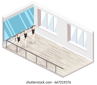 Isometric flat 3D isolated concept vector cutaway interior empty training dance-hall with parquet floor large mirror and panoramic window with white curtains.