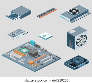 Isometric Flat 3D Isolated Concept Vector White Computer Computer Parts