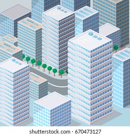 Isometric flat 3D isolated concept vector city three-dimensional summer town quarter. Skyscrapers, apartment, office, houses and streets.