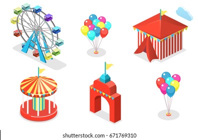 Isometric flat 3D isolated concept vector city banners with carousels. amusement park.