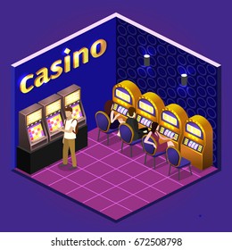 Isometric flat 3D isolated concept vector cutaway interior casino. Men and women play slot machines in casinos