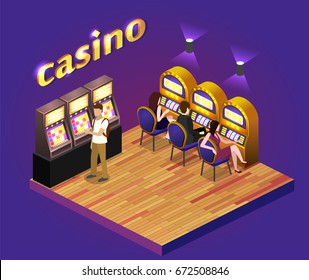 Isometric flat 3D isolated concept vector cutaway interior casino. Men and women play slot machines in casinos