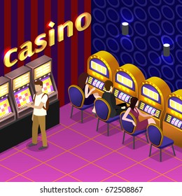 Isometric flat 3D isolated concept vector cutaway interior casino. Men and women play slot machines in casinos
