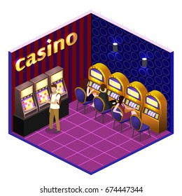 Isometric flat 3D isolated concept vector cutaway interior casino. Men and women play slot machines in casinos
