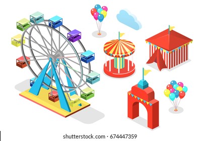 Isometric flat 3D isolated concept vector city banners with carousels. amusement park