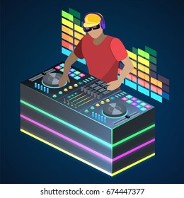 Isometric flat 3D isolated concept vector cutaway DJ playing vinyl. DJ Interface workspace mixer console turntables. Night club concept.