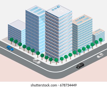 Isometric flat 3D isolated concept vector city three-dimensional summer town quarter. Skyscrapers, apartment, office, houses and streets