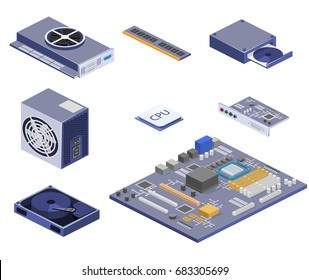 Isometric flat 3D isolated concept vector white computer Computer parts