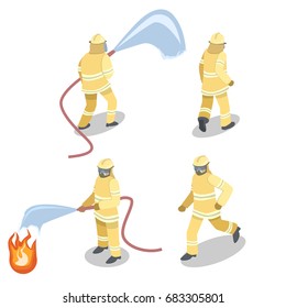 Isometric flat 3D isolated concept vector cutaway Firefighters in action.