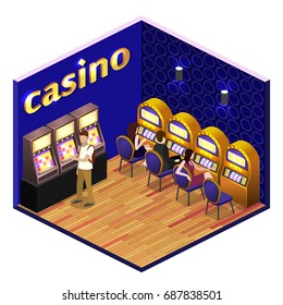 Isometric flat 3D isolated concept vector cutaway interior casino. Men and women play slot machines in casinos