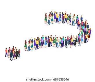 Isometric flat 3D isolated concept vector Infographic chart consisting of a crowd of people In the form of a question mark