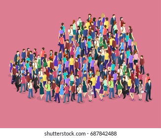 Isometric flat 3D isolated concept vector Infographic chart consisting of a crowd of people in the shape of a heart